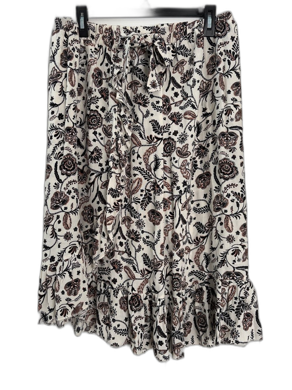 Cotton Club Cream Paisley Floral Midi Ruffle Skirt Size Xl / 14-16 Elastic Waist